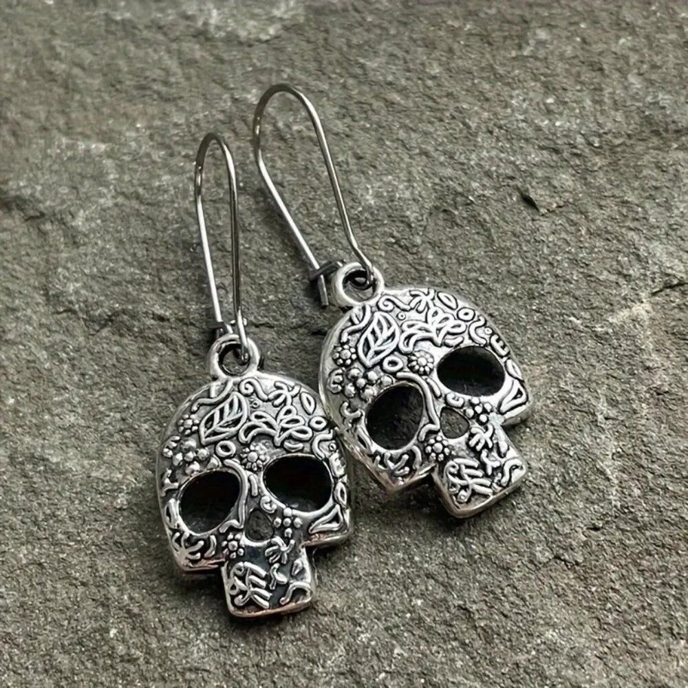 Vintage Silvery Unique Drap Style Skull Earrings Gothic Halloween